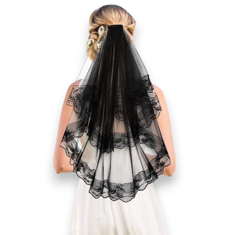 Black Multi Layer Embroidery Lace Veil OS NWT
